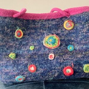 Blue and pick hand knit tote. 100%wool.